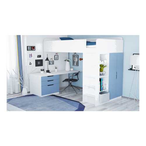 Кровать-чердак Polini Simple с письменным столом и шкафом, белый-синий в Лазурит